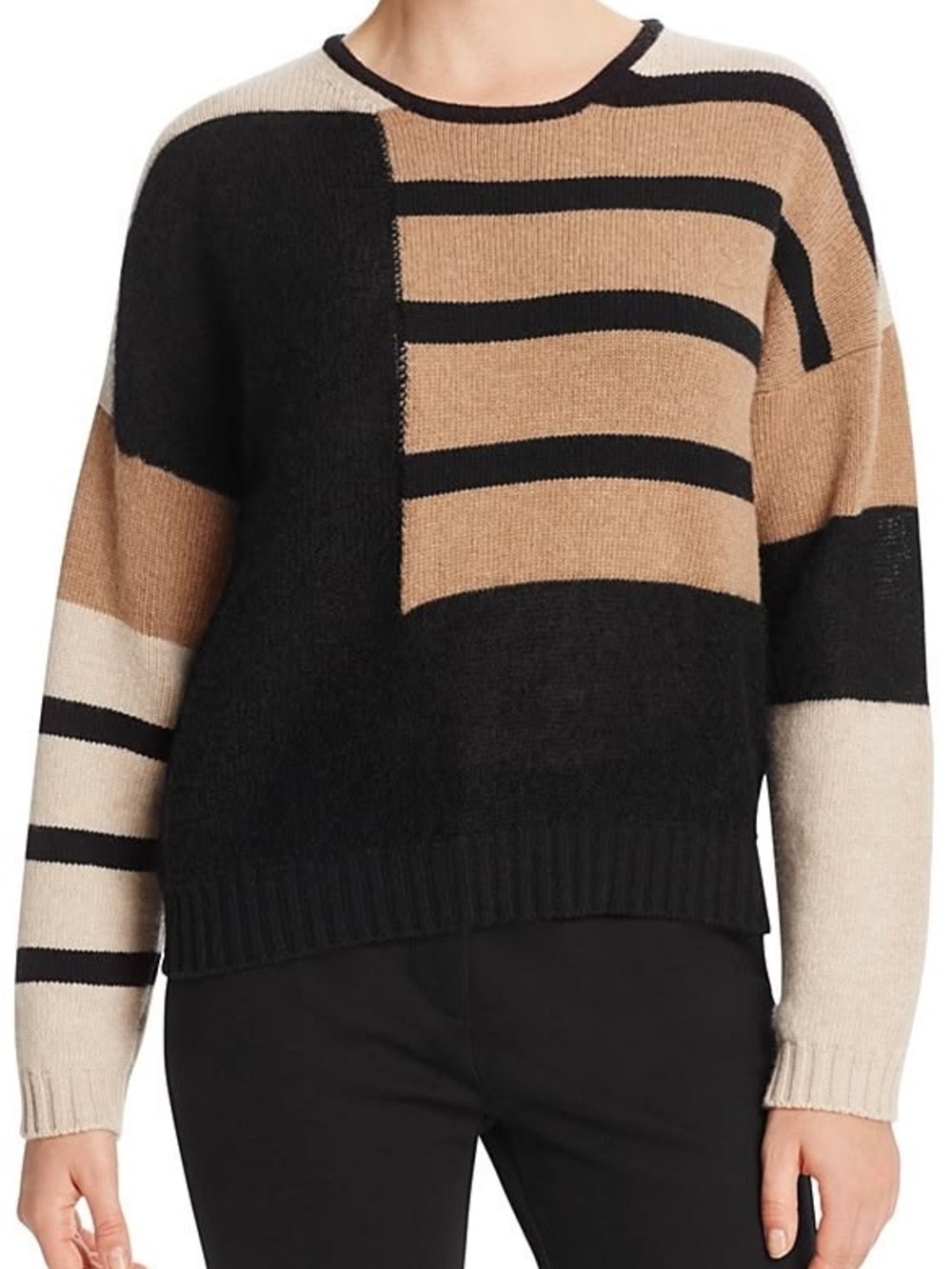 MaxMara Cashmere and Wool Black and Tan Colorblock Striped Crewneck sweater